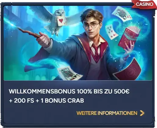 Willkommensbonus 100 % bis zu 500 € + 200 Freispiele + 1 Bonus-Krabbe
